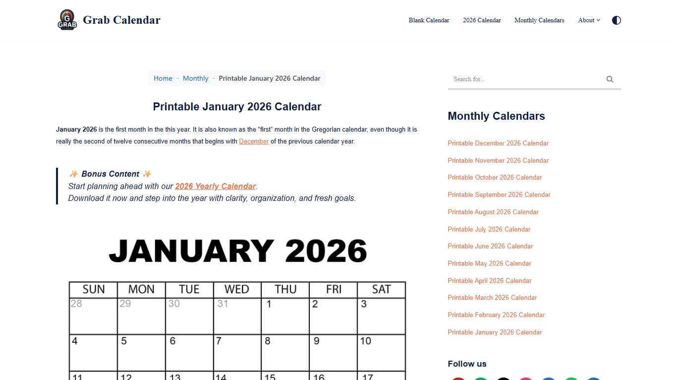 Printable January 2026 Calendar